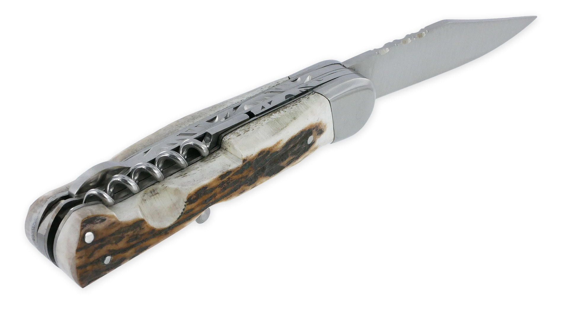 Couteau Pliant Douris Chastel Le Pionnier Multi Lames 3 Pieces Bois De Cerf 11cm 02