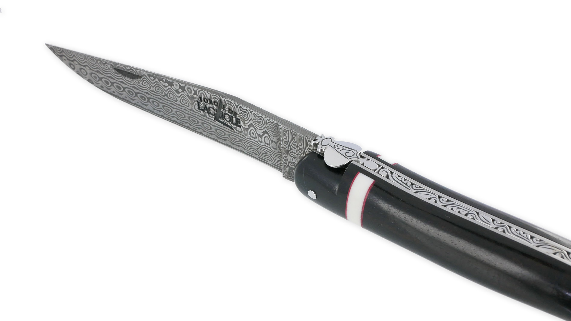 Couteau Prestige Forge De Laguiole Rambaud Plein Manche Ebene Insertions Bagues Os Et Rouge Lame Damas 01