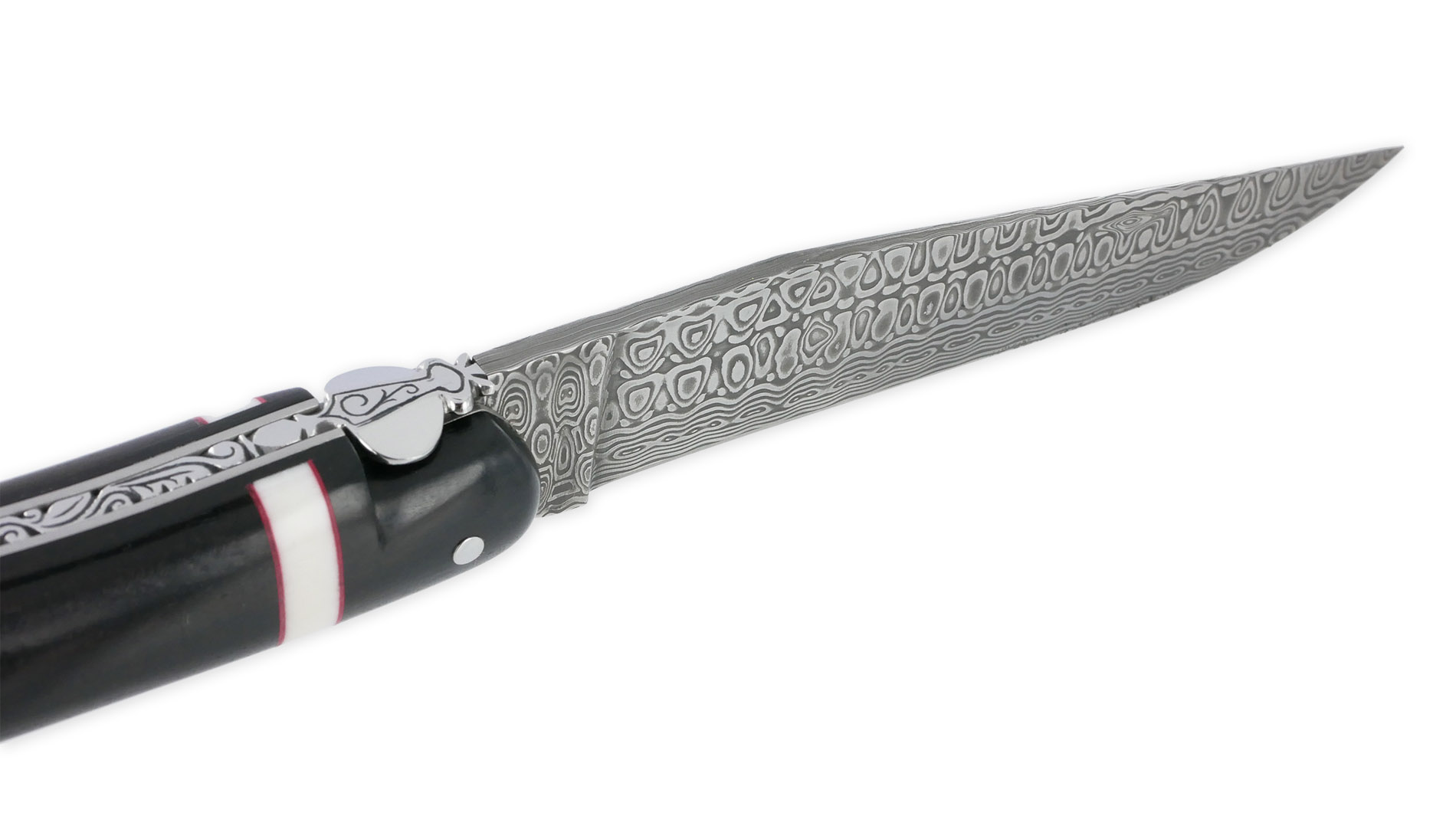 Couteau Prestige Forge De Laguiole Rambaud Plein Manche Ebene Insertions Bagues Os Et Rouge Lame Damas 02