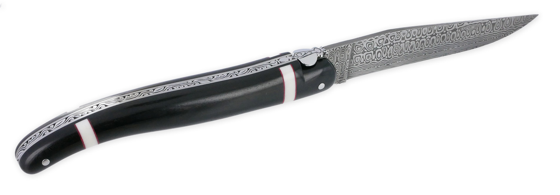 Couteau Prestige Forge De Laguiole Rambaud Plein Manche Ebene Insertions Bagues Os Et Rouge Lame Damas 03