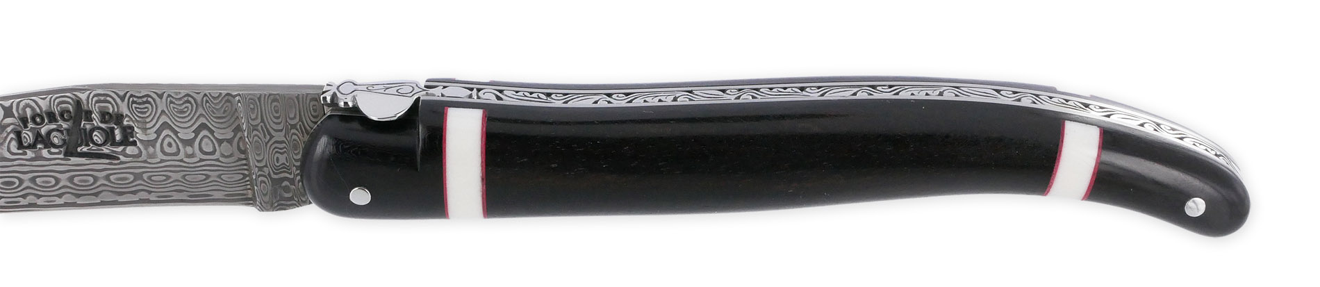 Couteau Prestige Forge De Laguiole Rambaud Plein Manche Ebene Insertions Bagues Os Et Rouge Lame Damas 04