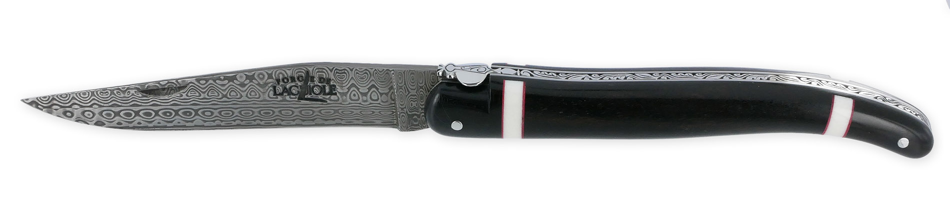 Couteau Prestige Forge De Laguiole Rambaud Plein Manche Ebene Insertions Bagues Os Et Rouge Lame Damas 05