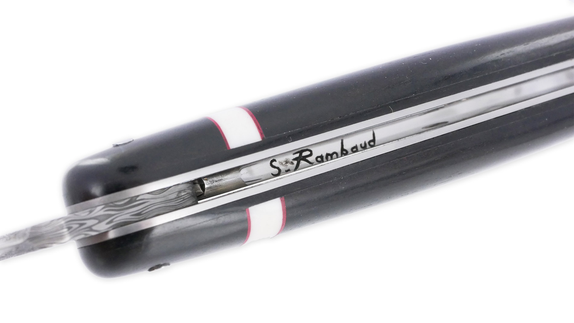 Couteau Prestige Forge De Laguiole Rambaud Plein Manche Ebene Insertions Bagues Os Et Rouge Lame Damas 06