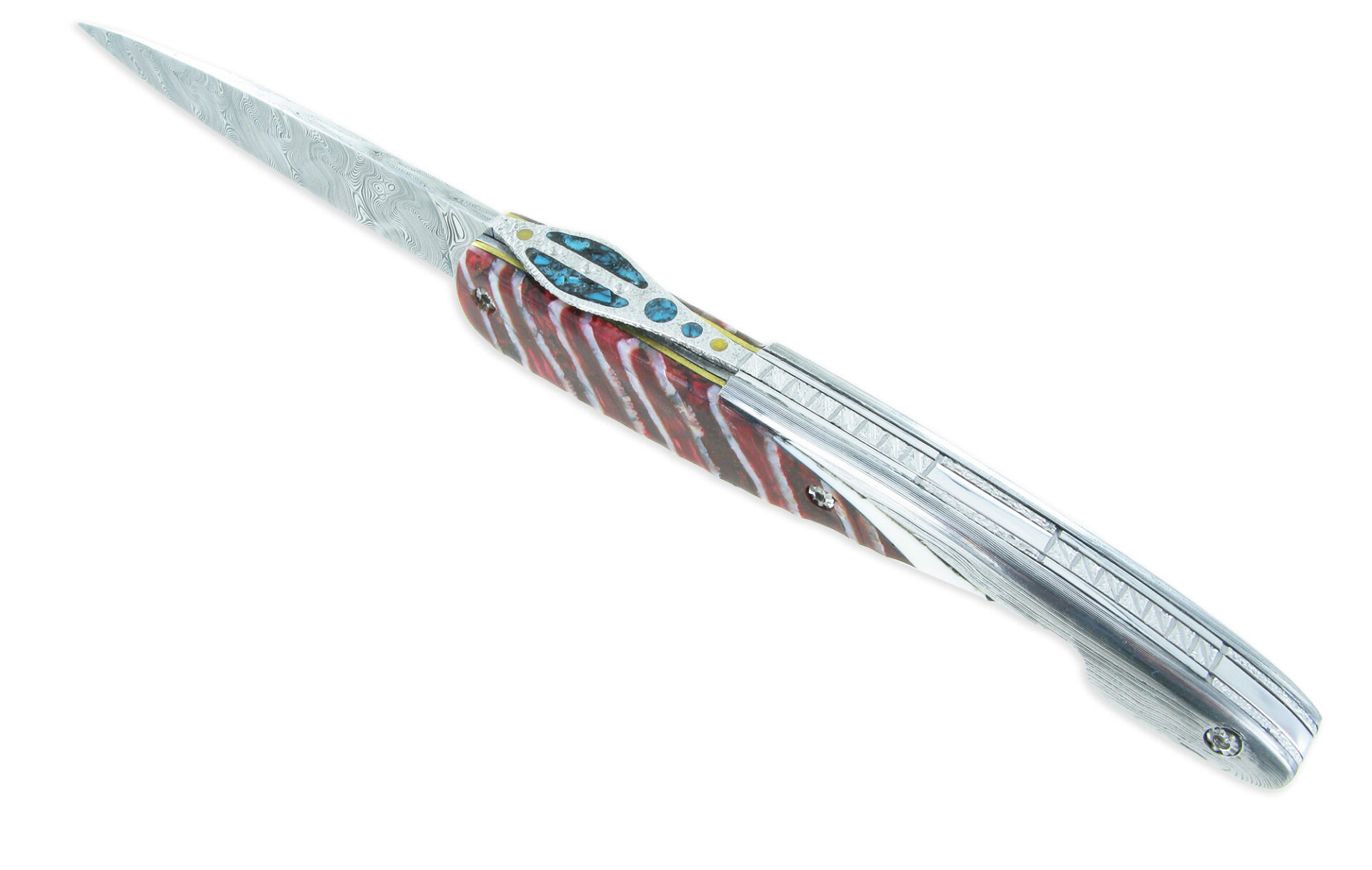 Couteau Prestige Laguiole Arbalete Le Joyaux De La Couronne Manche En Molaire De Mammouth Rouge 1 Mitre Damas 1 Piece 12cm 01