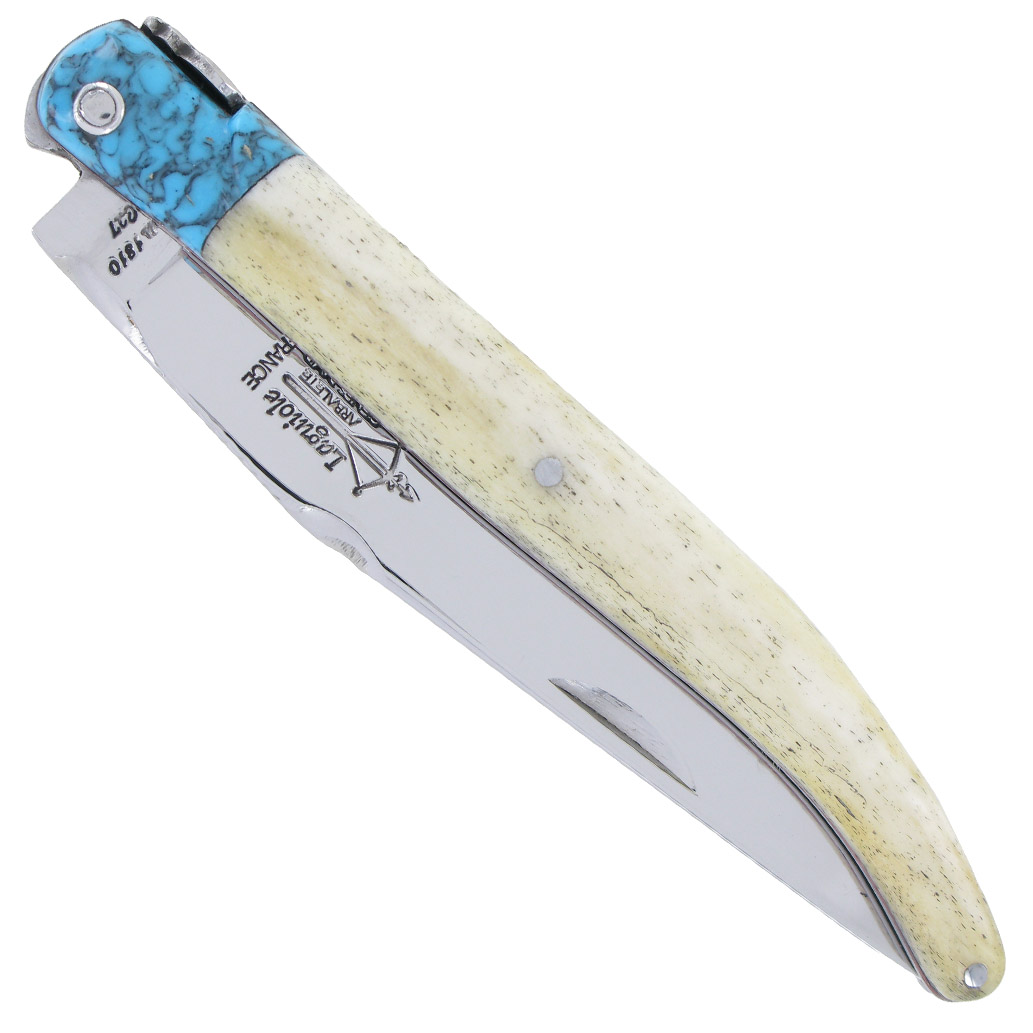 Couteau Prestige Laguiole Arbalete Manche En Os De Girafe Mitre Turquoise 1 Piece Inox Brillant 12cm 00