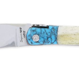 Couteau Prestige Laguiole Arbalete Manche En Os De Girafe Mitre Turquoise 1 Piece Inox Brillant 12cm 01