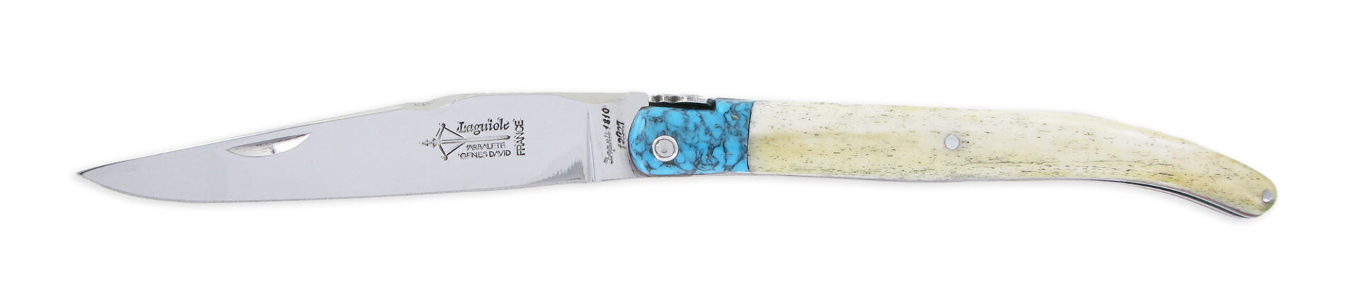 Couteau Prestige Laguiole Arbalete Manche En Os De Girafe Mitre Turquoise 1 Piece Inox Brillant 12cm 01