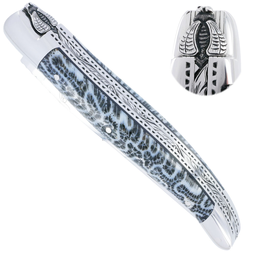 Couteau Prestige Laguiole David Dauvillaire Manche En Corail Noir 1 Piece 12 Cm Triples Platines 2 Mitres Inox Brillant 00