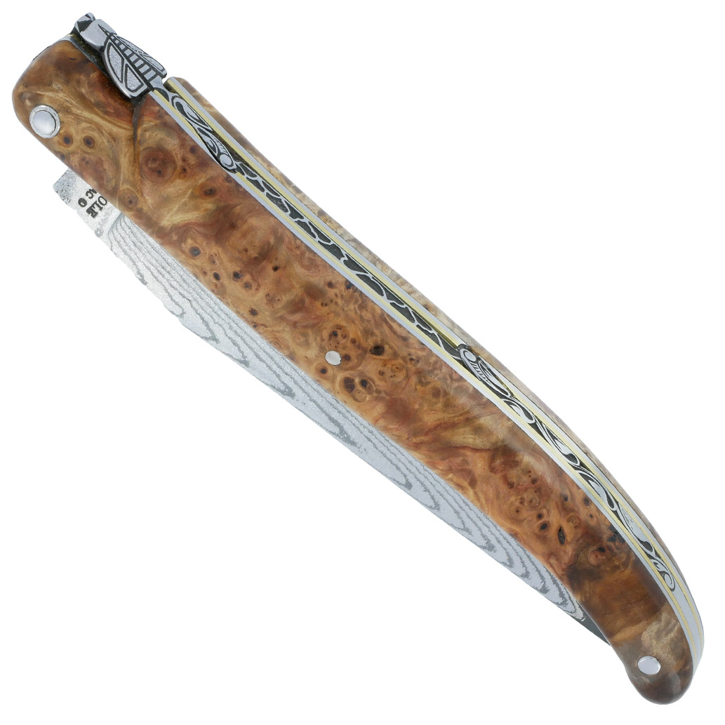 Couteau Prestige Laguiole En Aubrac 1 Piece 12 Cm Plein Manche En Loupe De Marronnier Double Patines Lame Damas 00