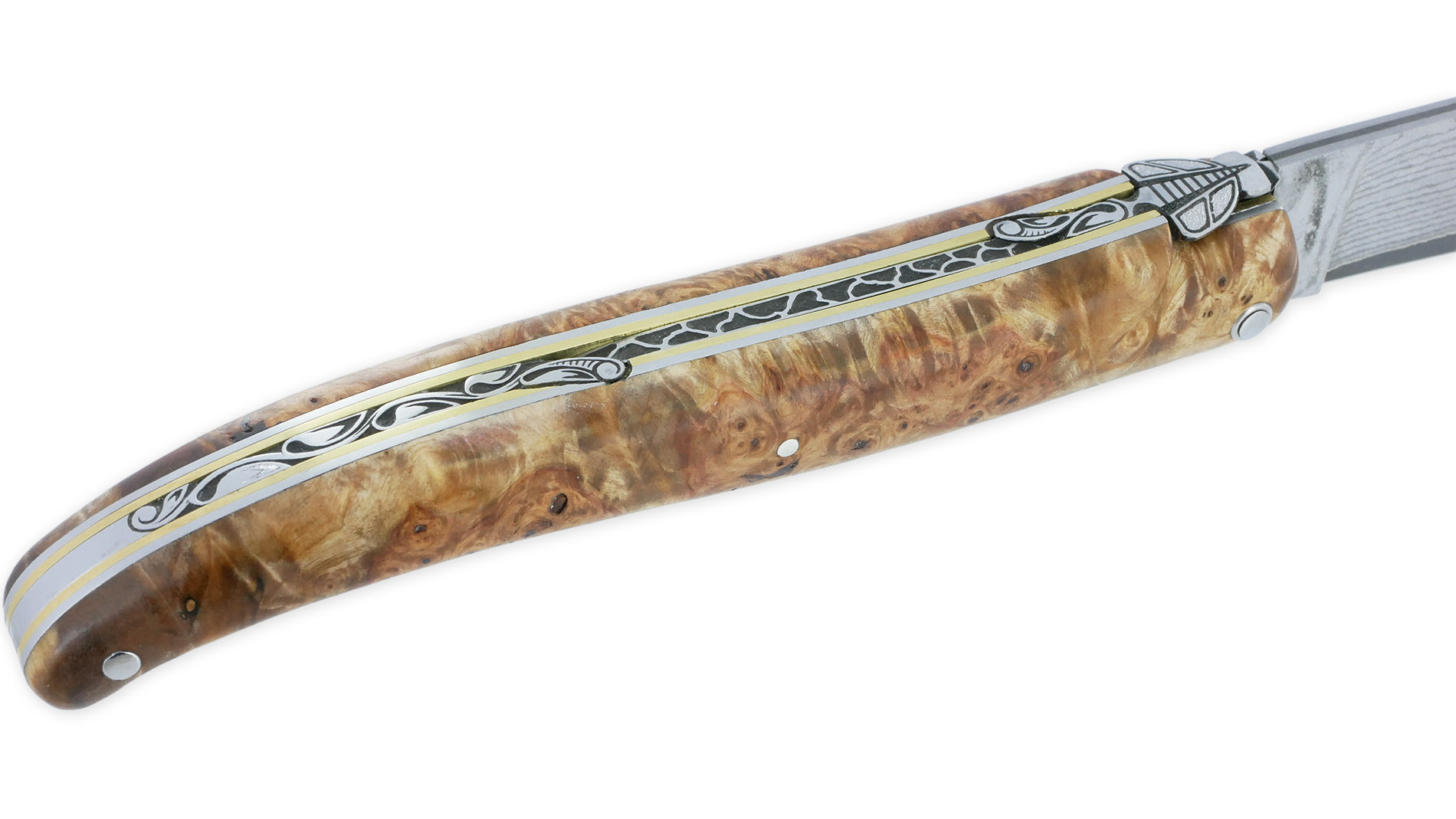 Couteau Prestige Laguiole En Aubrac 1 Piece 12 Cm Plein Manche En Loupe De Marronnier Double Patines Lame Damas 03