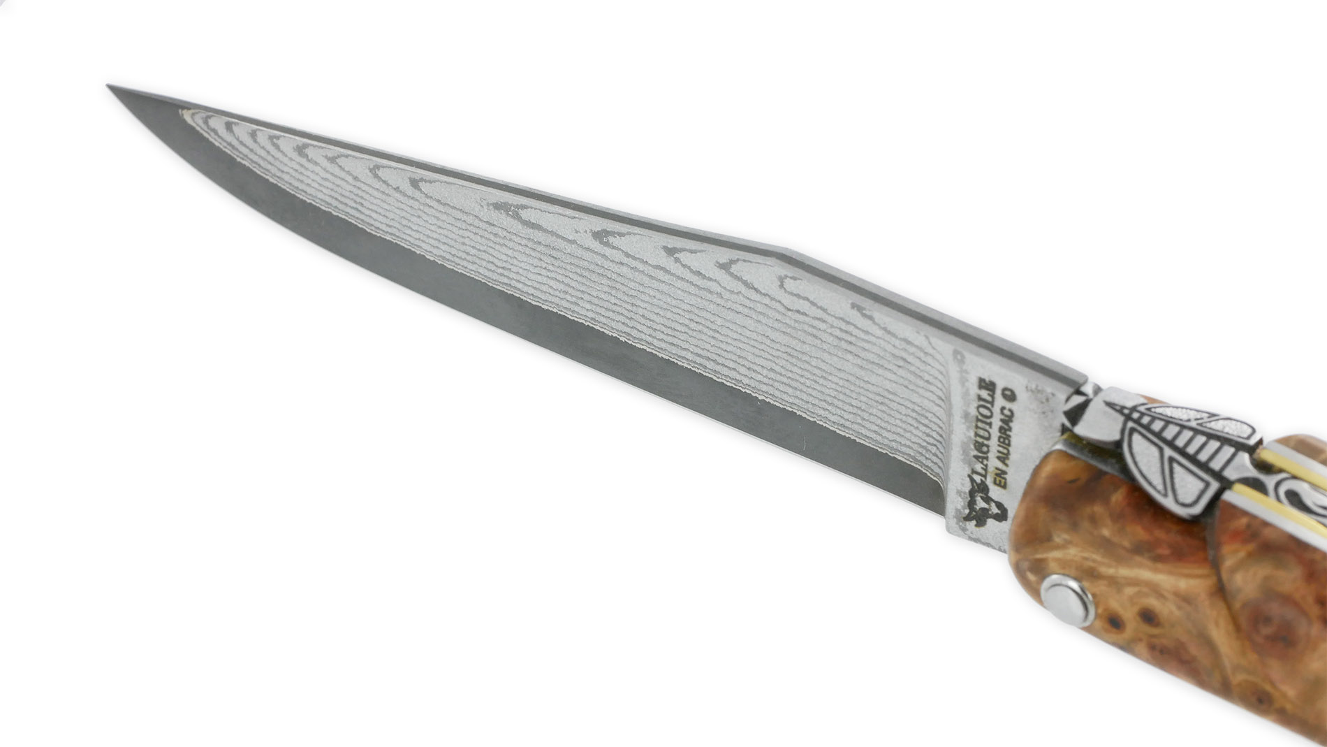 Couteau Prestige Laguiole En Aubrac 1 Piece 12 Cm Plein Manche En Loupe De Marronnier Double Patines Lame Damas 04