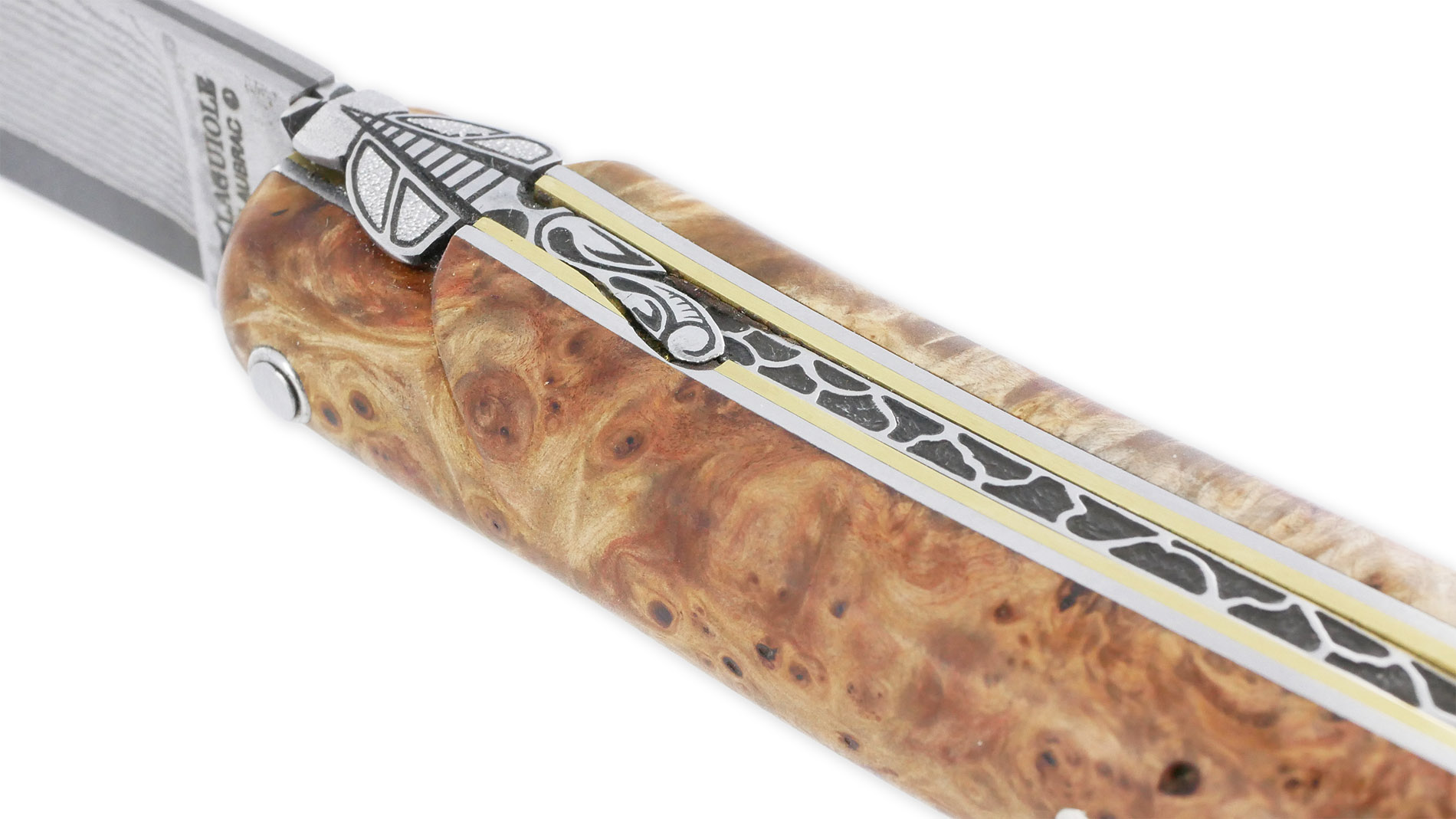 Couteau Prestige Laguiole En Aubrac 1 Piece 12 Cm Plein Manche En Loupe De Marronnier Double Patines Lame Damas 05