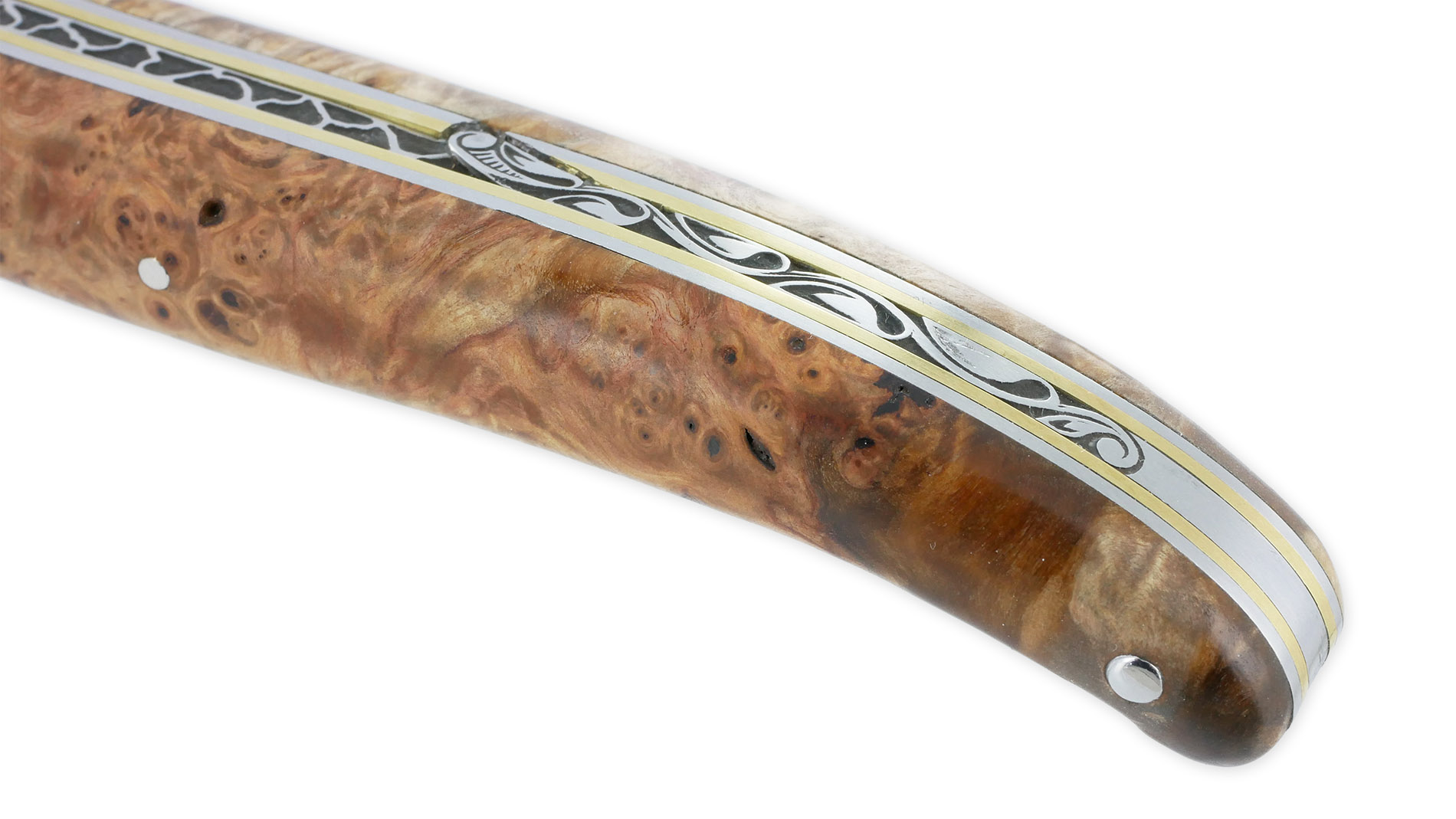 Couteau Prestige Laguiole En Aubrac 1 Piece 12 Cm Plein Manche En Loupe De Marronnier Double Patines Lame Damas 06