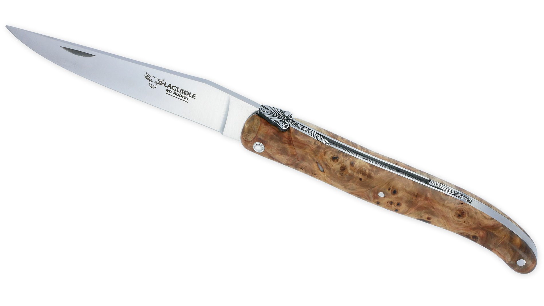 Couteau Prestige Laguiole En Aubrac 1 Piece 12 Cm Plein Manche En Loupe De Marronnier Platine Inox Ressort En Creux Guilloche Main Mouche Stylisee 01