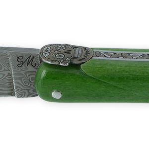 Couteau Prestige Laguiole Tete De Mort Mexicaine Manche Os Chameau 1piece 12cm Lame Damas Ressort Guilloche Main 05