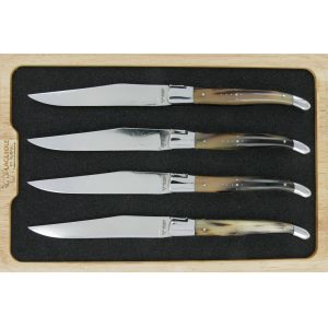 Couteaux De Table Prestige Laguiole En Aubrac Pointe De Corne Flammee Lame Damas Set De 4 00