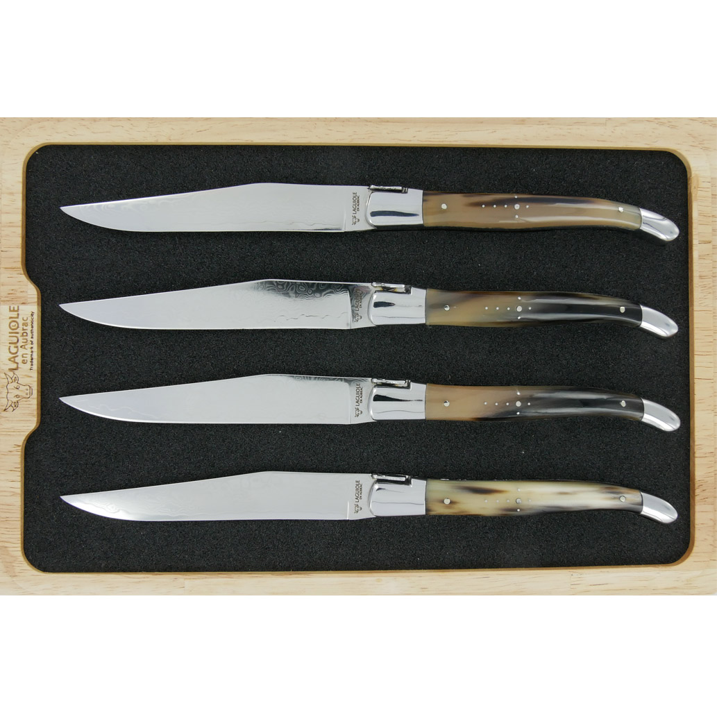 Couteaux De Table Prestige Laguiole En Aubrac Pointe De Corne Flammee Lame Damas Set De 4 00