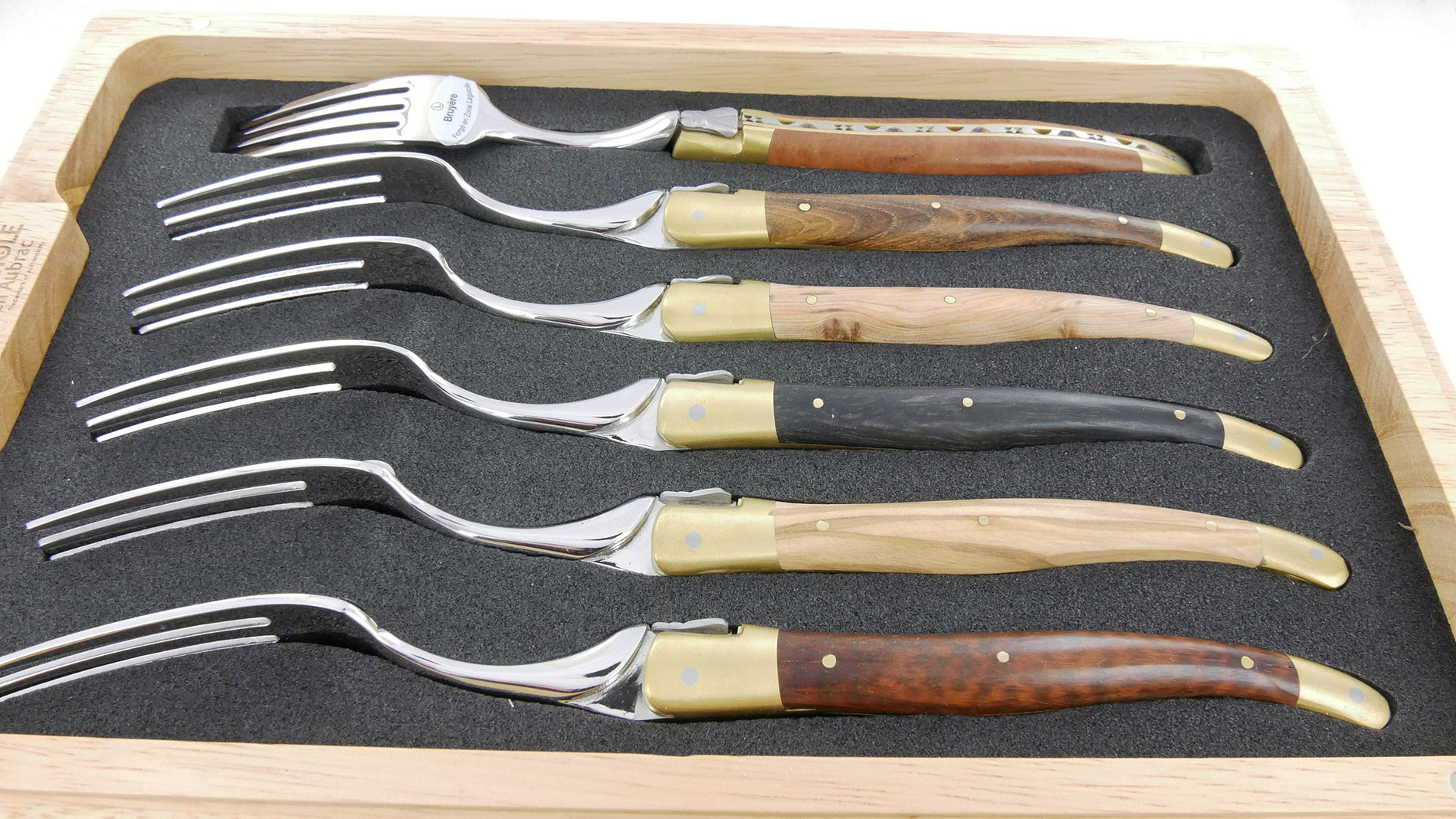 Fourchettes De Table Laguiole En Aubrac Bois Mixtes Mitres Laiton Brosse Set De 6 01