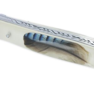 Laguiole Arbalete Knife Acrylic Resin Handle Jay Feather Inlay Carved Spring 1 Piece 2 Bolsters Glossy Finish 12cm