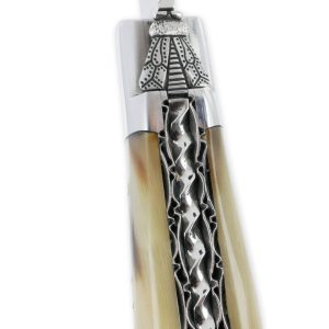 Laguiole En Aubrac Knife 1 Piece 12 Cm Double Guilloche Plates Flamed Horn Tip 2 Shiny Stainless Steel Bolsters Spiral Spring Prestige Fly N°6