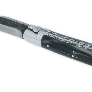 Laguiole En Aubrac Knife 1 Piece 12 Cm Double Plates Dark Horn Tip 2 Shiny Stainless Steel Bolsters Brut De Forge Blade