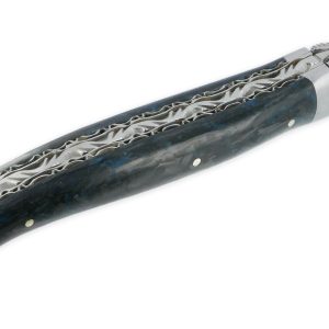 Laguiole En Aubrac Knife 1 Piece 12 Cm Double Carbon Plates Glittery Pearly Blue 2 Brushed Stainless Steel Bolsters Brushed Stainless Steel Blade Num2