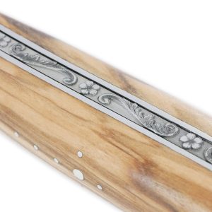 Laguiole En Aubrac Knife 1 Piece 12 Cm Olivewood Handle Engraved Spring Forged Fly Prestige Skull 2 ​​brushed Stainless Steel Bolsters