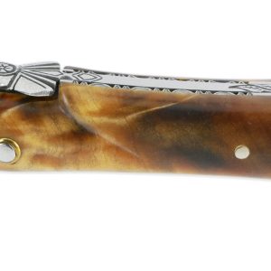 Laguiole En Aubrac Knife 1 Piece 12 Cm Full Handle In Poplar Burr Chiselled Central Bolster In Brushed Stainless Steel