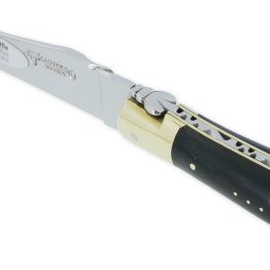 Laguiole En Aubrac Knife 1 Piece 12cm Buffalo Handle Shiny Brass Bolsters And Plates Carved Spring