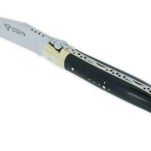 Laguiole En Aubrac Knife 1 Piece 12cm Ebony Handle Shiny Brass Bolsters And Plates Carved Spring
