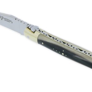 Laguiole En Aubrac Knife 1 Piece 12cm Flamed Horn Tip Handle Shiny Brass Bolsters And Plates Carved Spring