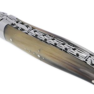 Laguiole En Aubrac Knife 1 Piece 12cm Horn Tip Handle Blonde 2 Double Bolsters And Handcarved Spring Num4