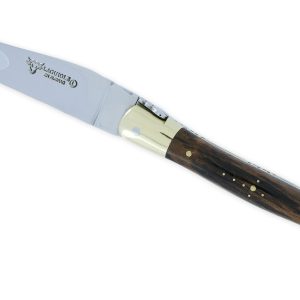 Laguiole En Aubrac Knife 1 Piece 12cm Vine Wood Handle Shiny Brass Bolsters And Plates Carved Spring