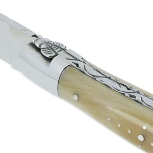 Laguiole En Aubrac Knife 1 Piece 12cm Tip Horn 2 Shiny Stainless Steel Bolsters Guilloche Plates And Spring Shiny Finish