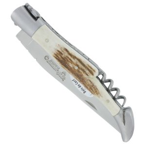 Laguiole En Aubrac Knife 2 Pieces 12 Cm Corkscrew Stag Horn Handle 2 Brushed Stainless Steel Bolsters