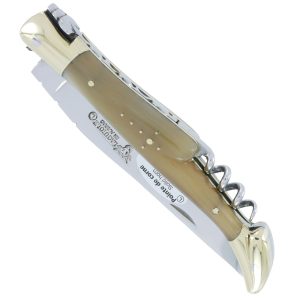 Laguiole En Aubrac Knife 2 Pieces 12 Cm Corkscrew Horn Tip Handle Shiny Brass Bolsters