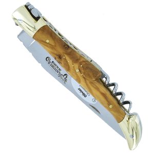 Laguiole En Aubrac Knife 2 Pieces 12 Cm Corkscrew Olivewood Handle Shiny Brass Bolsters