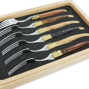 Laguiole En Aubrac Mixed Wood Table Forks Brushed Brass Bolsters Set Of 6