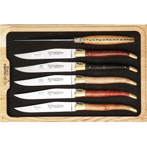 Laguiole En Aubrac Table Knives Mixed Woods Brass Bolsters Set Of 6