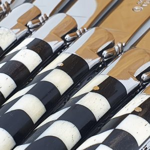 Laguiole En Aubrac Table Knives Bone Ebony Damier Marquetry Shiny Bolsters Set Of 6