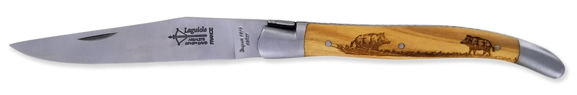 Couteau Laguiole Antan Manche Olivier Gravures Sanglier 2 Mitres Inox Brosse 1 Piece 12cm 01
