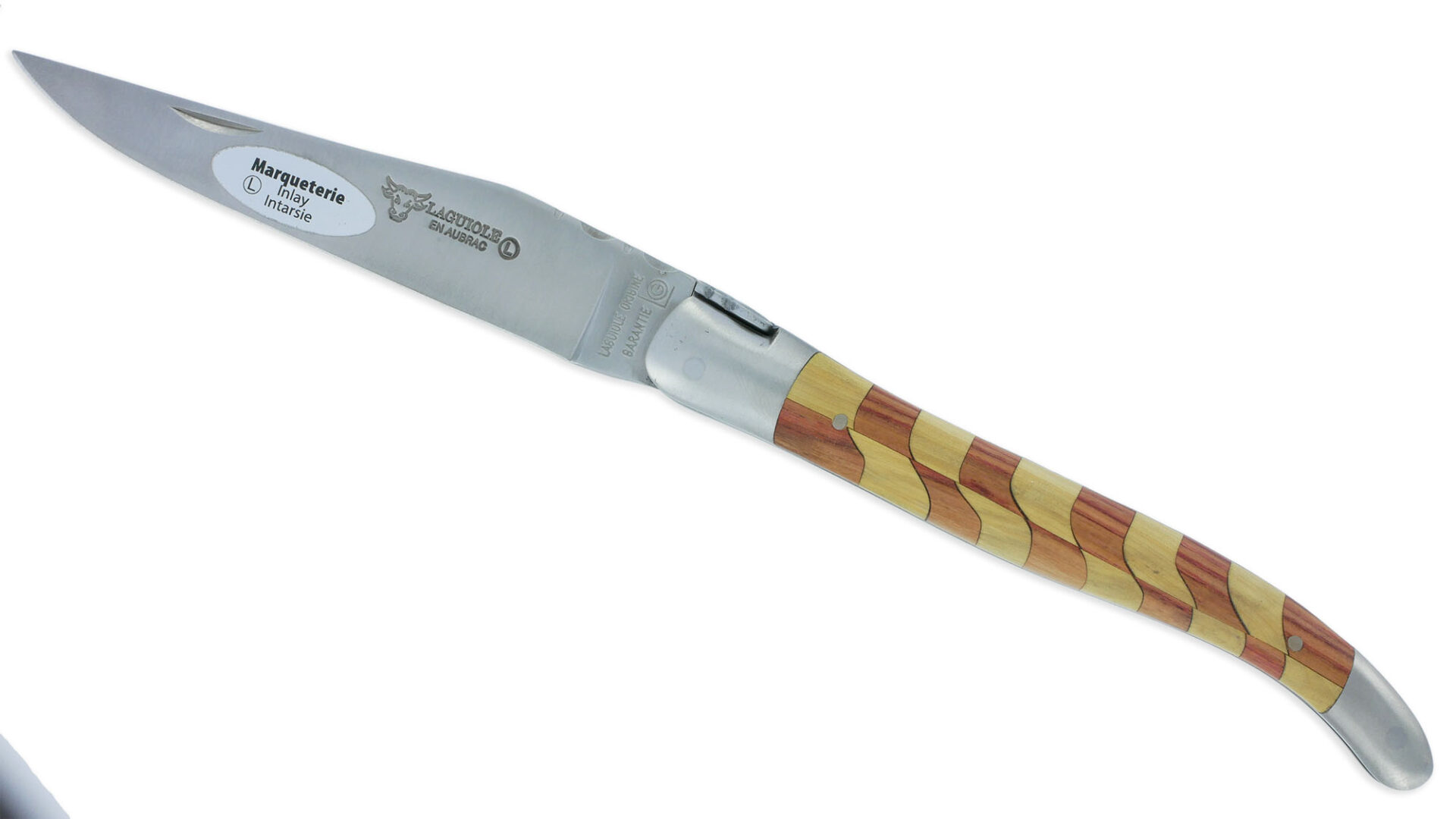 Couteau Laguiole En Aubrac 1 Piece 12 Cm Manche Damier Bois De Rose Et Buis 2 Mitres Inox Brosse 01