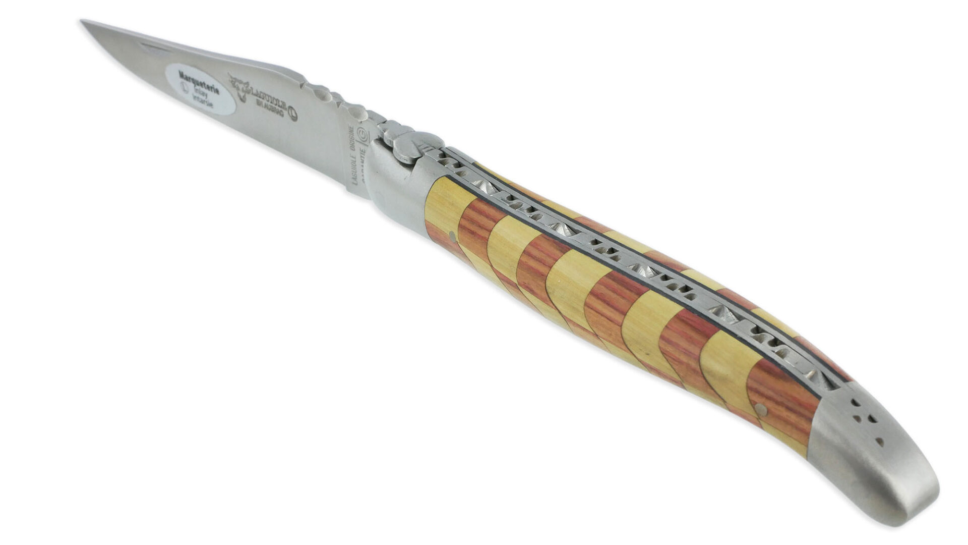 Couteau Laguiole En Aubrac 1 Piece 12 Cm Manche Damier Bois De Rose Et Buis 2 Mitres Inox Brosse 02