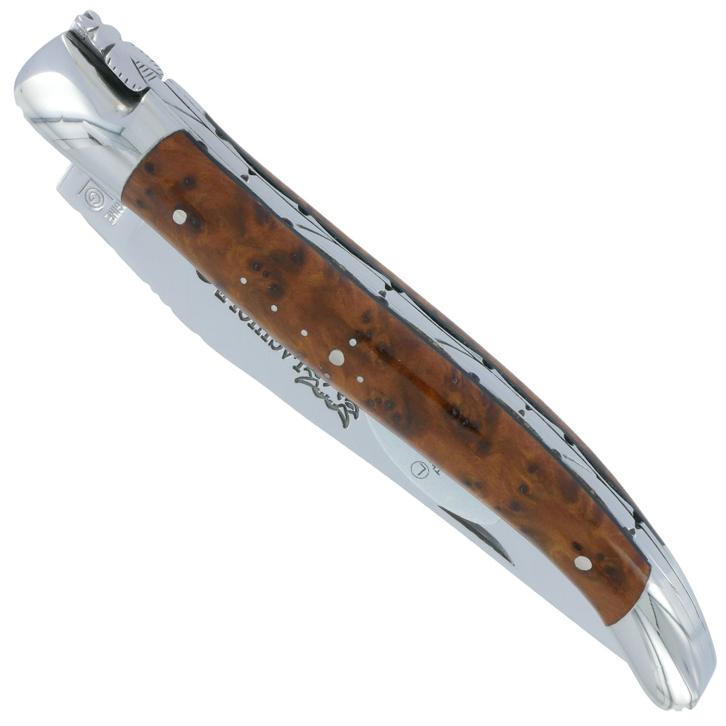 Couteau Laguiole En Aubrac 1 Piece 12cm Thuya 2 Mitres Inox Brillant Platines Et Ressort Guilloches Finition Brillante 00