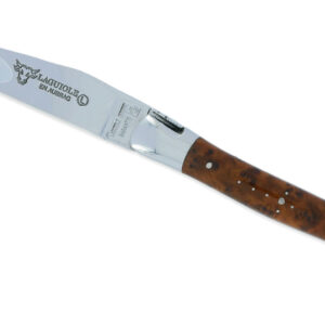 Couteau Laguiole En Aubrac 1 Piece 12cm Thuya 2 Mitres Inox Brillant Platines Et Ressort Guilloches Finition Brillante 01