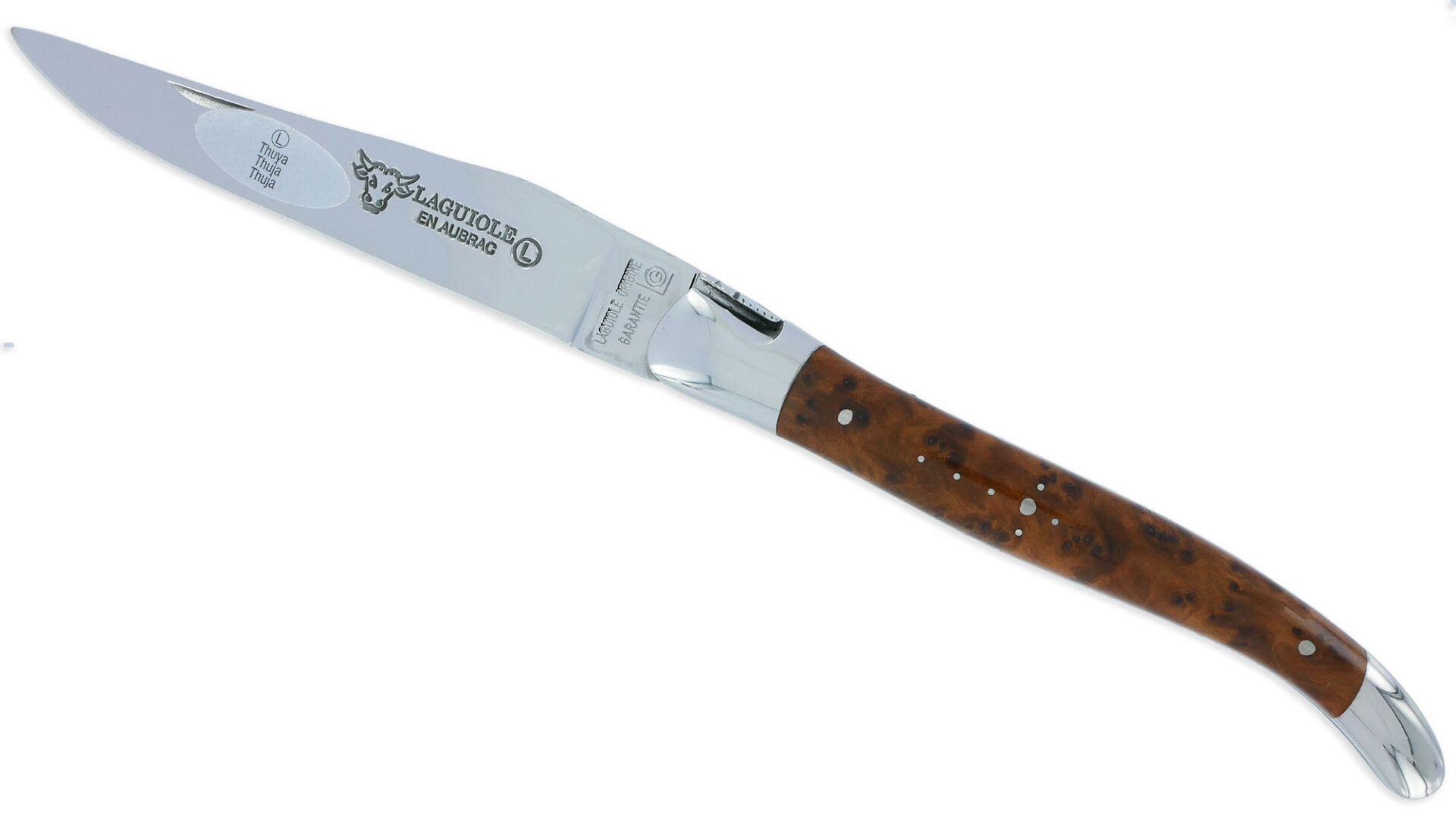Couteau Laguiole En Aubrac 1 Piece 12cm Thuya 2 Mitres Inox Brillant Platines Et Ressort Guilloches Finition Brillante 01