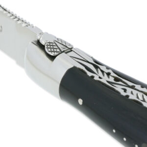 Couteau Laguiole En Aubrac 2 Pieces 12cm Avec Tire Bouchon Manche Buffle 2 Mitres Inox Brillant Double Platines 02