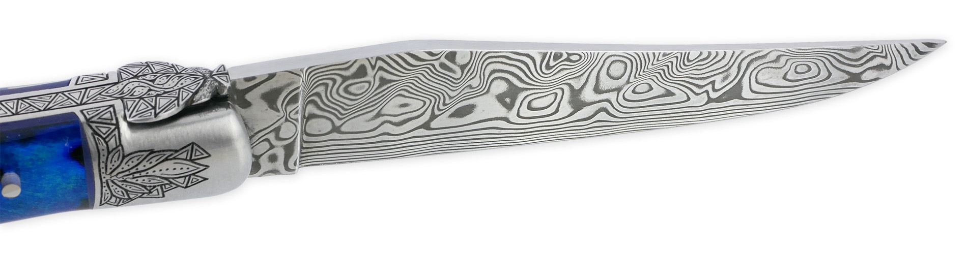 Couteau Laguiole Prestige Createur 1 Piece 12 Cm 1 Mitre Avant Ciselee A La Main Manche En Nacre Veritable Sous Resine Bleutee Mouche Stylisee Lame Damas Piece Unique 06