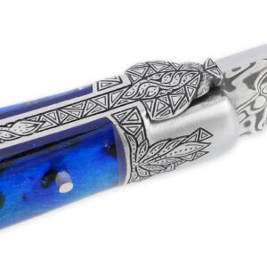 Couteau Laguiole Prestige Createur 1 Piece 12 Cm 1 Mitre Avant Ciselee A La Main Manche En Nacre Veritable Sous Resine Bleutee Mouche Stylisee Lame Damas Piece Unique 07