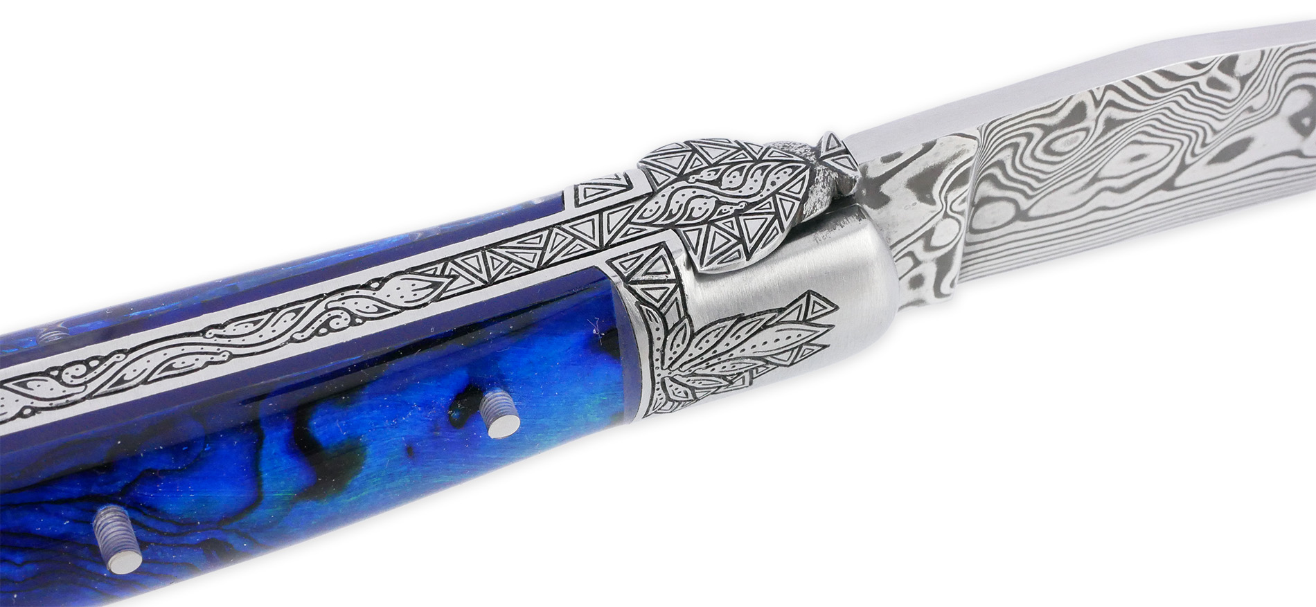 Couteau Laguiole Prestige Createur 1 Piece 12 Cm 1 Mitre Avant Ciselee A La Main Manche En Nacre Veritable Sous Resine Bleutee Mouche Stylisee Lame Damas Piece Unique 07